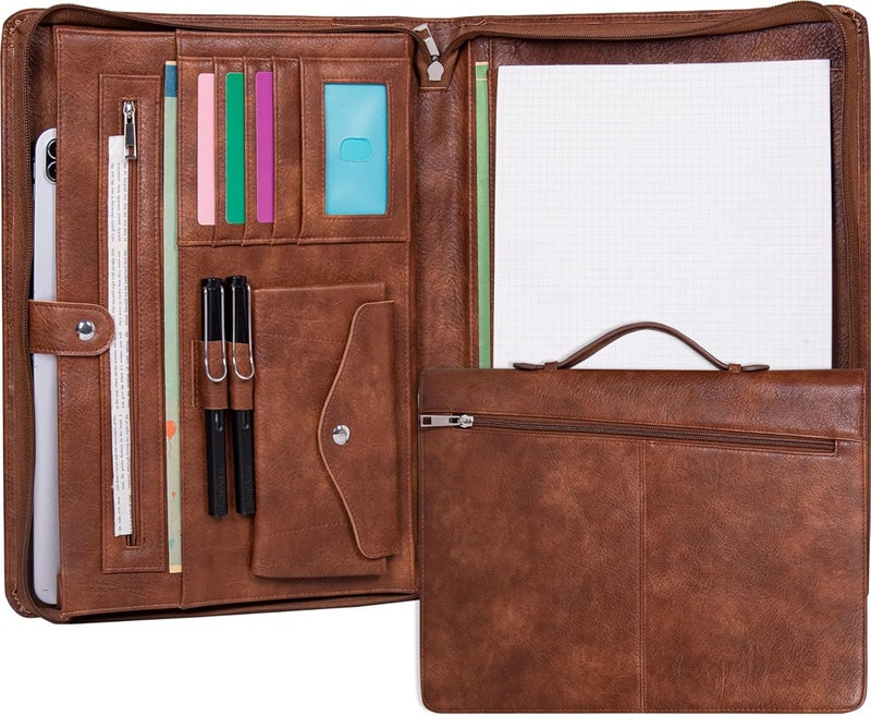 AZXCG Portfolio Binder, Portfolio with Handle and Zipper,Leather Podfolio for Men,Business Padfolio Organizer for Women, A4 Notepad Holder,Personalized Gift for Men - Image 1